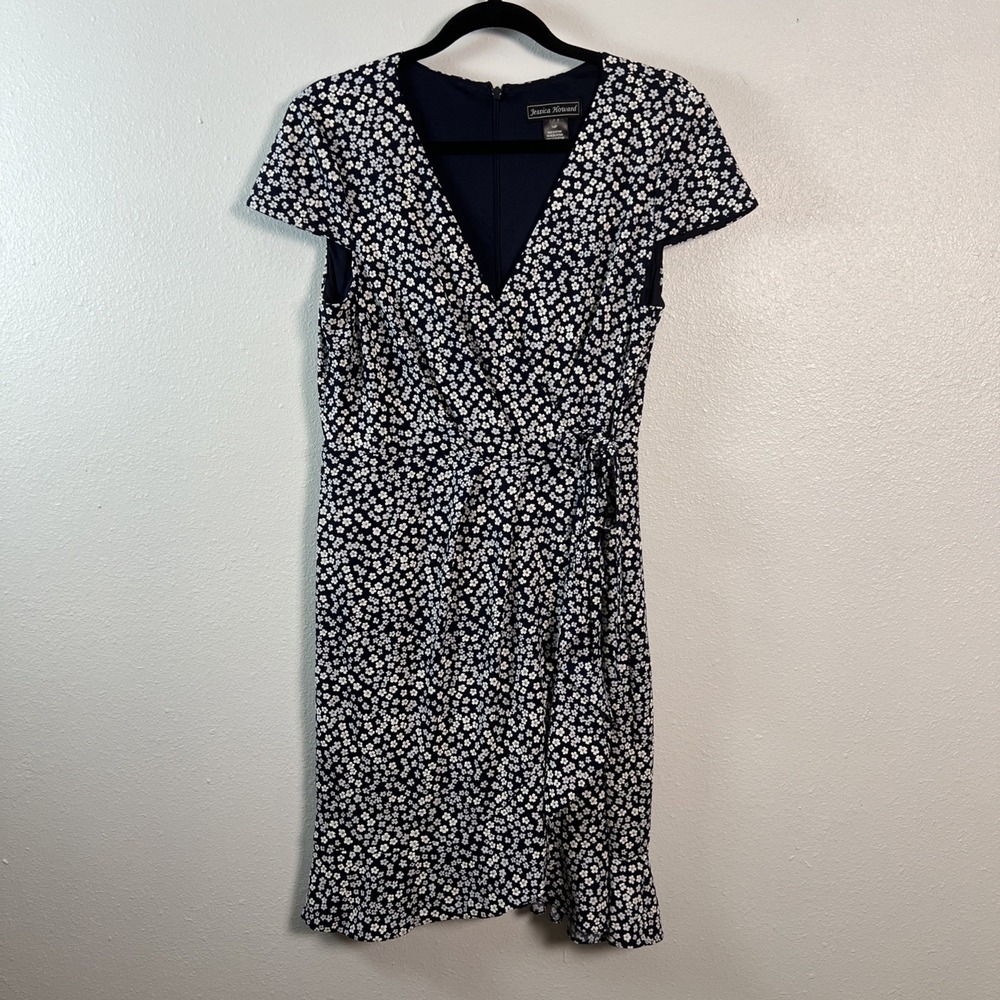 Jessica Howard Navy Blue White Daisy Floral Faux‎ Wrap Dress Petite 14P Ruffle